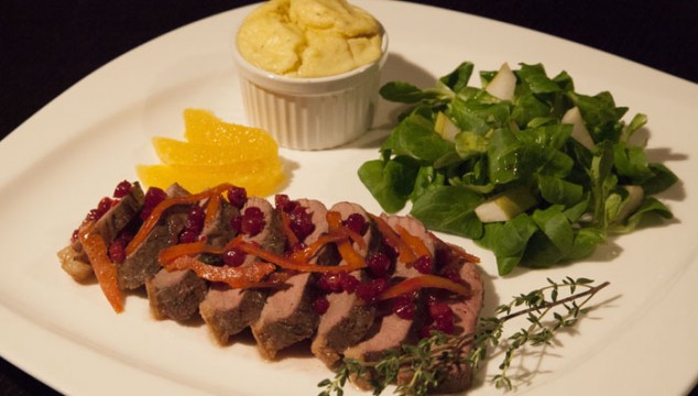 Duck Breast with Potato Souffle and Pear Salad